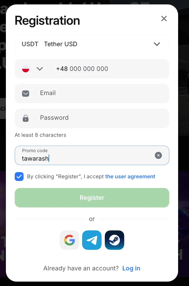 1xBet registration form with promo code field filled in