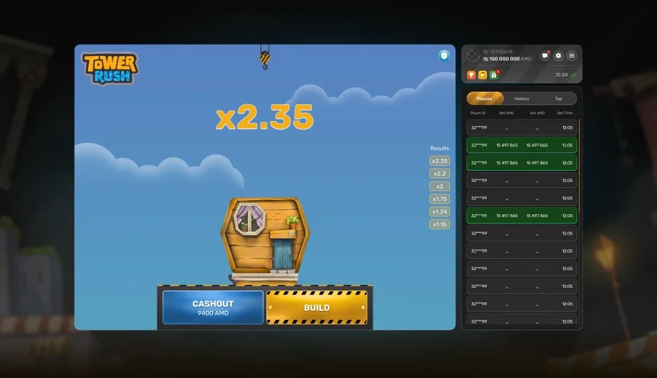 High multiplier win screen on Tower Rush 1xBet